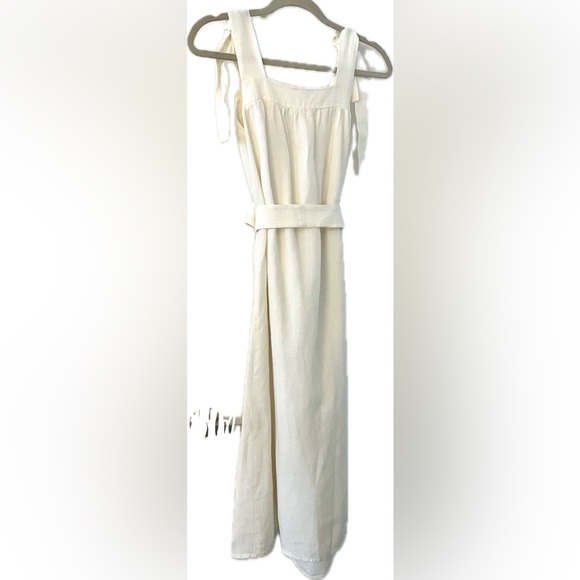 Emerson Fry Izzy Linen Lined Midi Dress w/ Bow Straps and Pockets in Salt/White - Picture 8 of 8